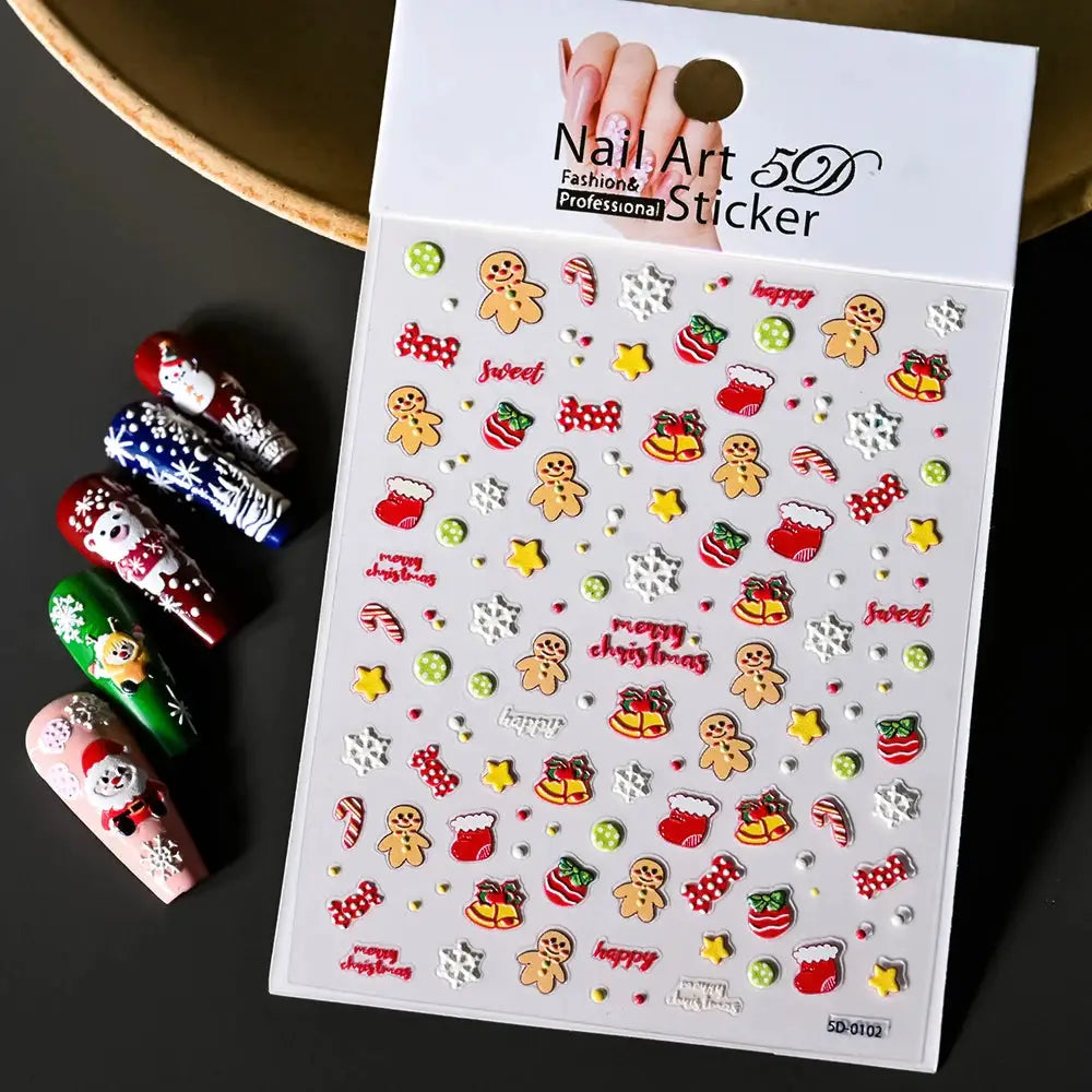 Winter Christmas nail art stickers sheet with snowmen, snowflakes, candy canes, gingerbread men; self-adhesive