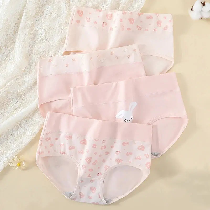 4-pack pink cotton women panties with heart/bunny prints, high-rise briefs, Simples Market