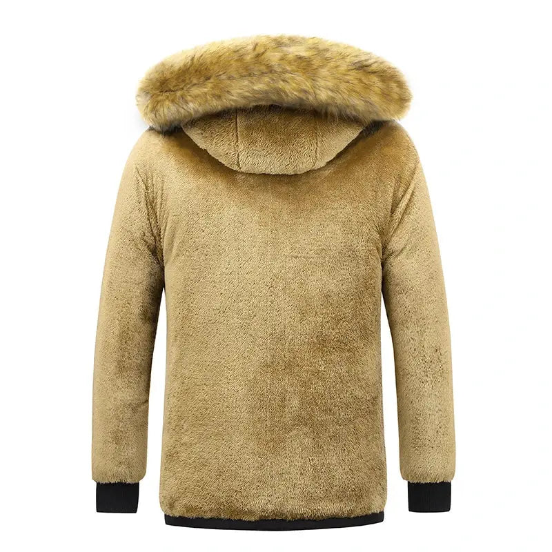 Men's tan fleece parka jacket with fur-trimmed hood, back view