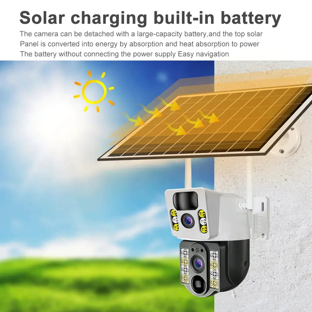 Simples Market 8MP 4K wireless solar outdoor CCTV camera with dual lenses, built-in battery, night vision