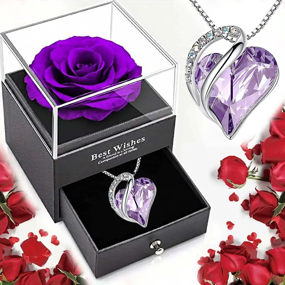 Valentine's ocean heart pendant necklace with purple crystal heart in silver, in a black jewelry box with rose