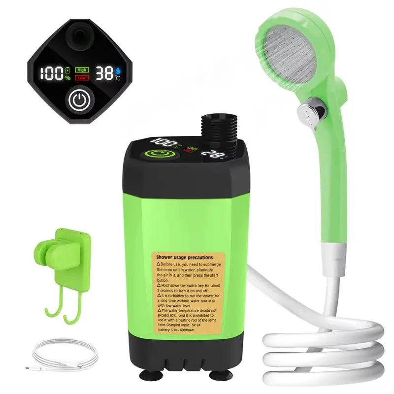 4-piece camping shower kit with green/black pump, handheld head, hose, and wall hook