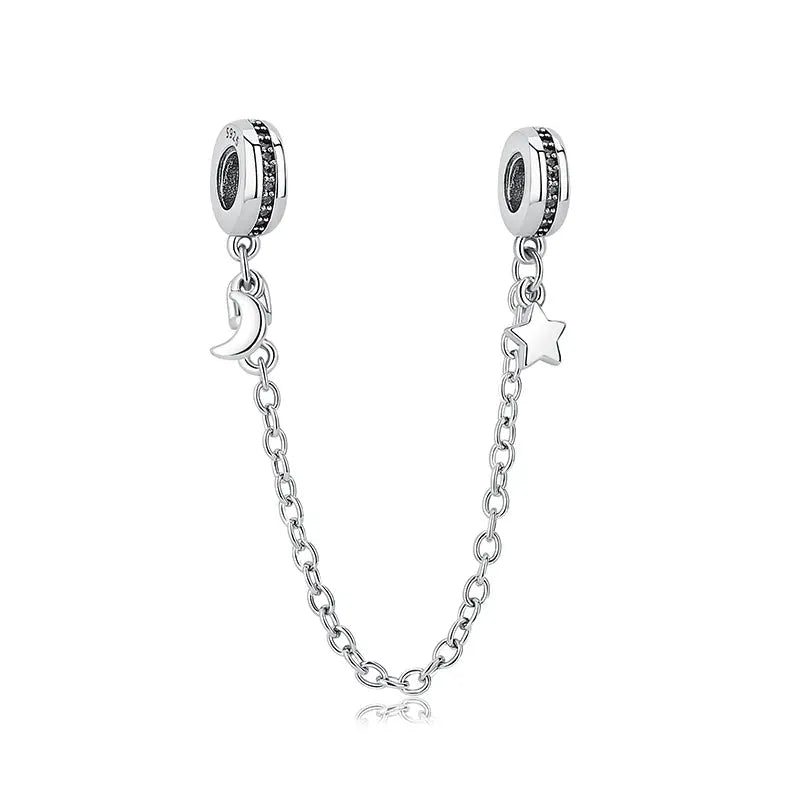 925 Sterling Silver bracelet charms with two dangling moon and star pendants on a delicate chain, Simples Market