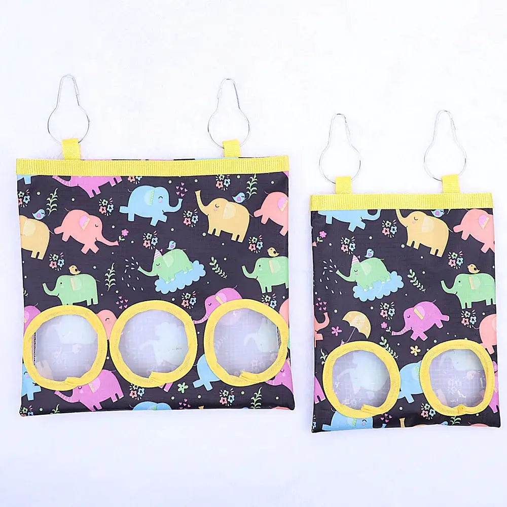 Rabbit Hay Bag by Simples Market; hanging dry grass feeder for small animals, elephant-print with yellow trim, pair.
