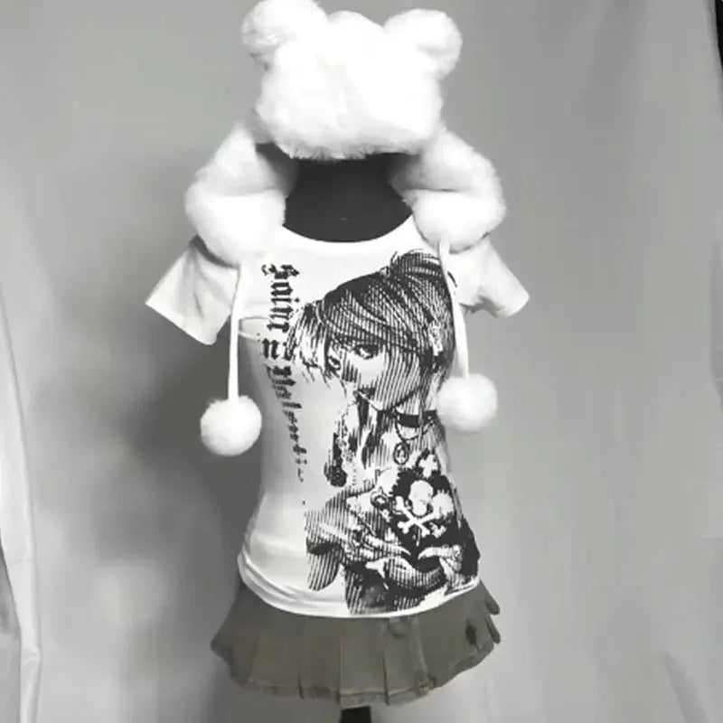 Y2K Anime Streetwear O Neck Crop Top Women Harajuku Vintage Tee With 90s Text Printing Casual T Shirt