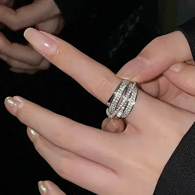 2024 Silver Color Rhinestone Ring Set For Women Multi Layer Winding Zircon Rings Wedding Fashion Jewelry Gift