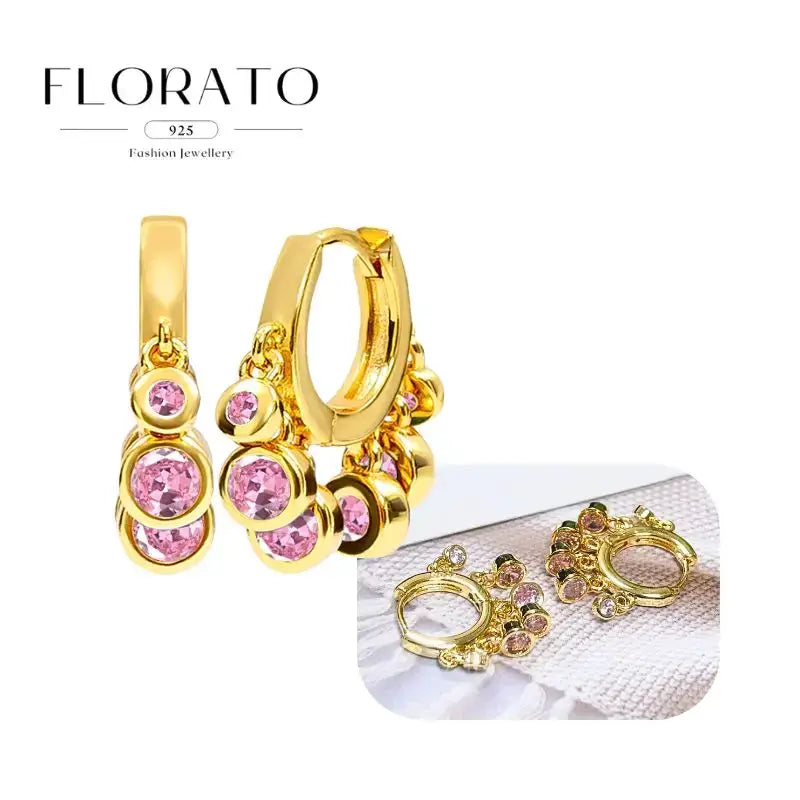 Florato hoop earrings, gold-tone with pink zircon stones, geometric drop hoops.