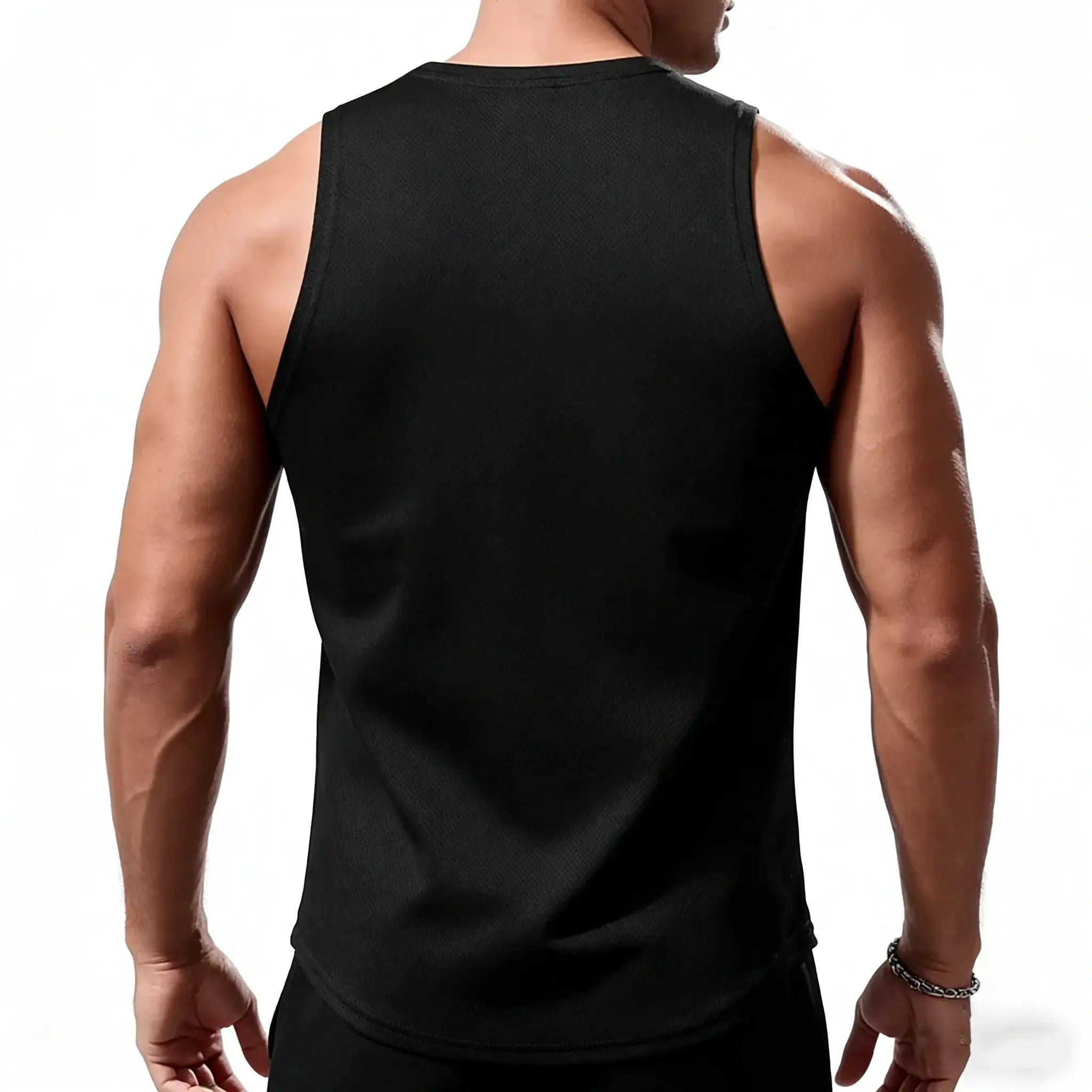 Men's black sleeveless sport tank top with mesh fabric, back view.