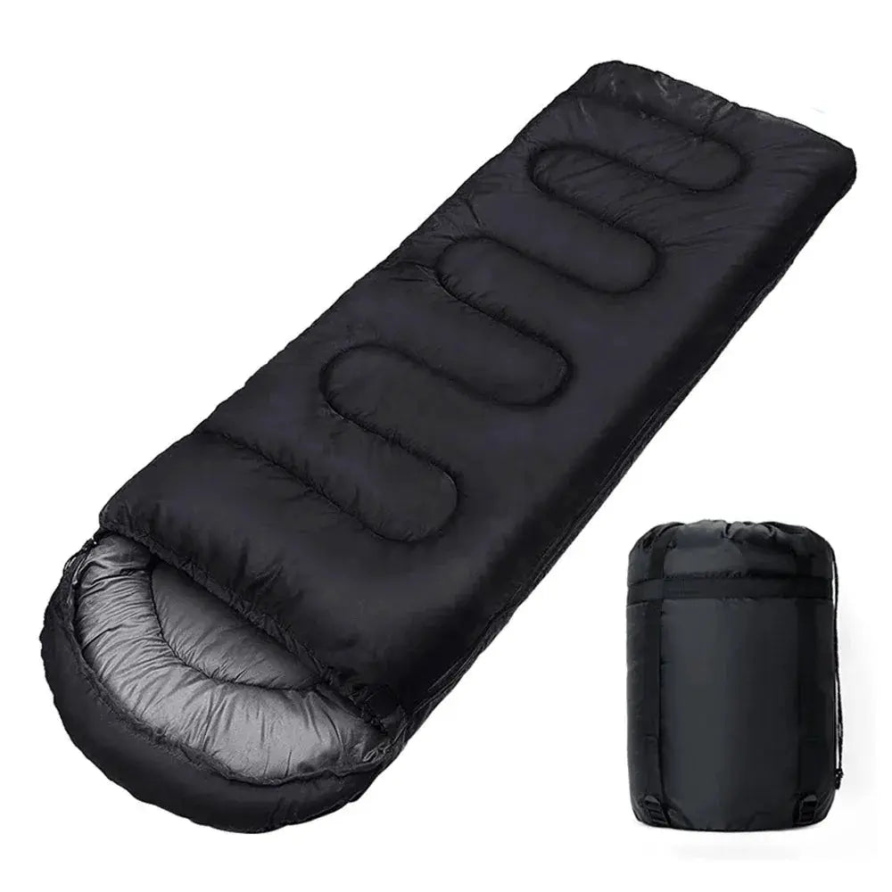 Camping sleeping bag in black, 4-season mummy design with compact carry bag; 2-piece set.