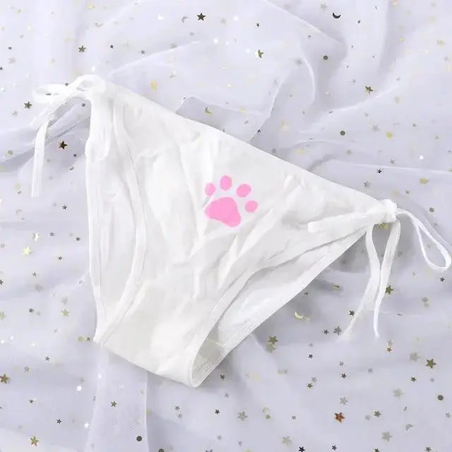 White low-waist panties for women with a pink paw print and side-tie ribbons