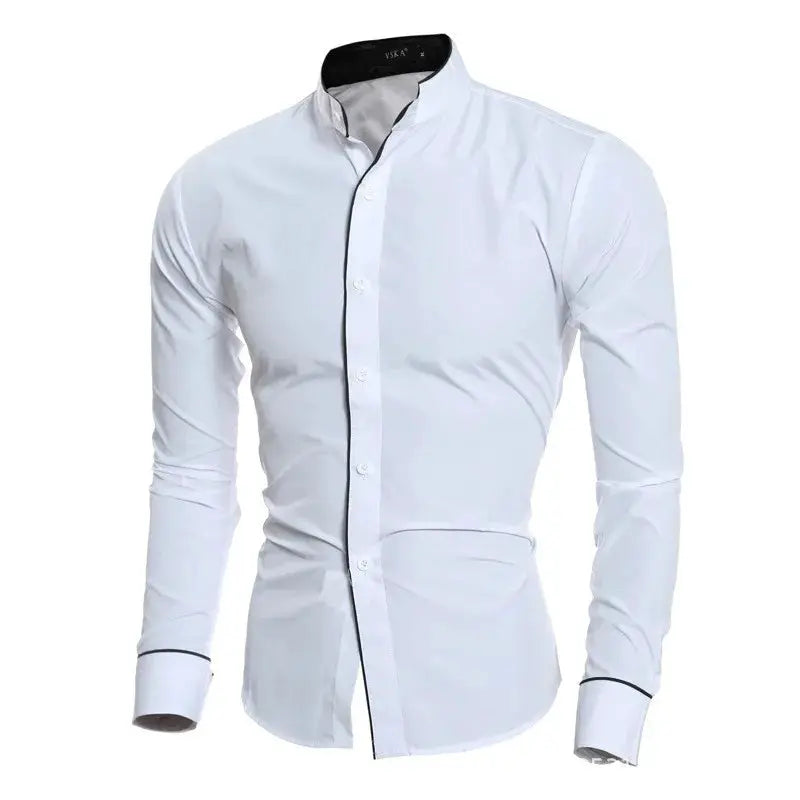 Men's slim-fit white long-sleeve shirt with black piping along placket and cuffs