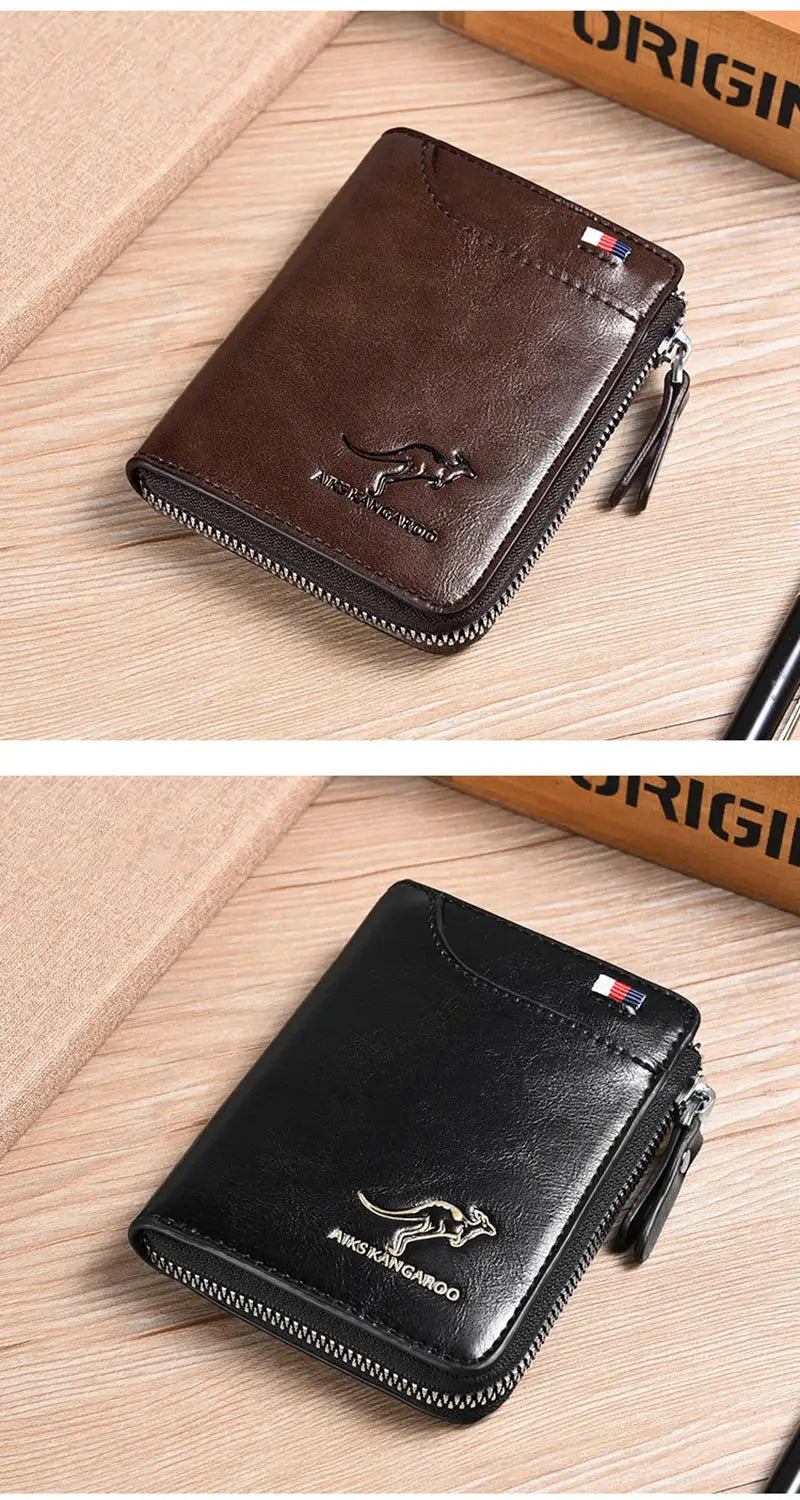 Simples Market men's leather zipper wallets with RFID protection; two wallets in brown and black.