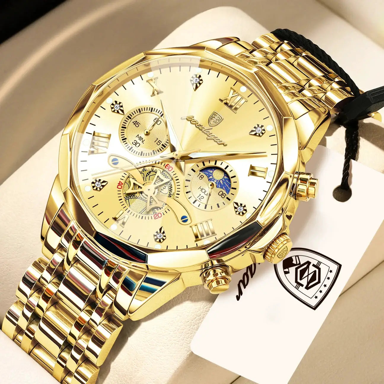 POEDAGAR Exquisite Business Mens Watch Waterproof Luminous Chronograph Luxury Stainless Steel Quartz Wristwatch