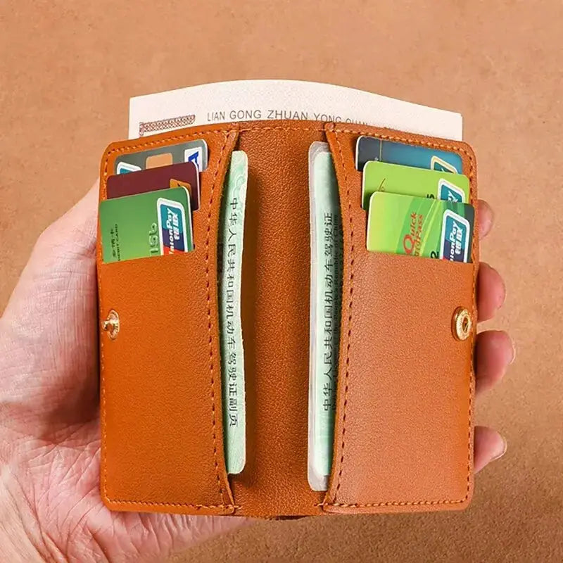 Classic designer PU leather small wallet in tan with dual card slots and ultra-thin profile
