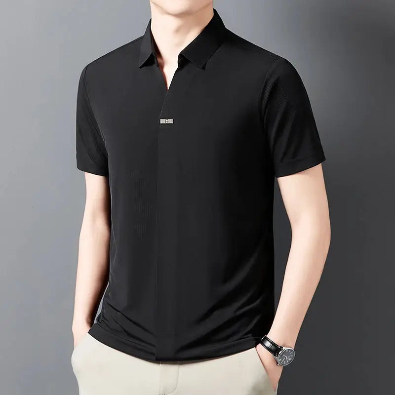 Men's black short-sleeve polo shirt, solid color, casual versatile top