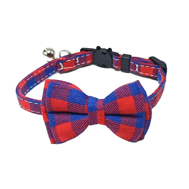 Pet Breakaway Cat Collar With Bow Tie And Bell Plaid Christmas Red Adjustable Elastic For Cats And Small Dogs