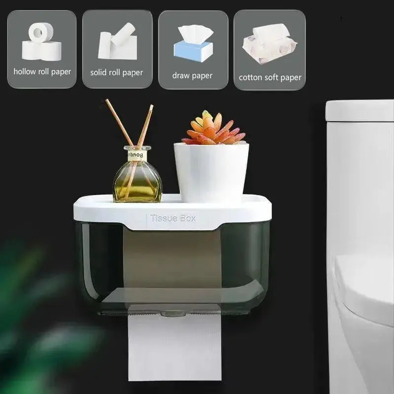 AquaGuard Waterproof Wall Mount Toilet Paper Holder Shelf Nail Free Traceless Install For Easy Bath Organization