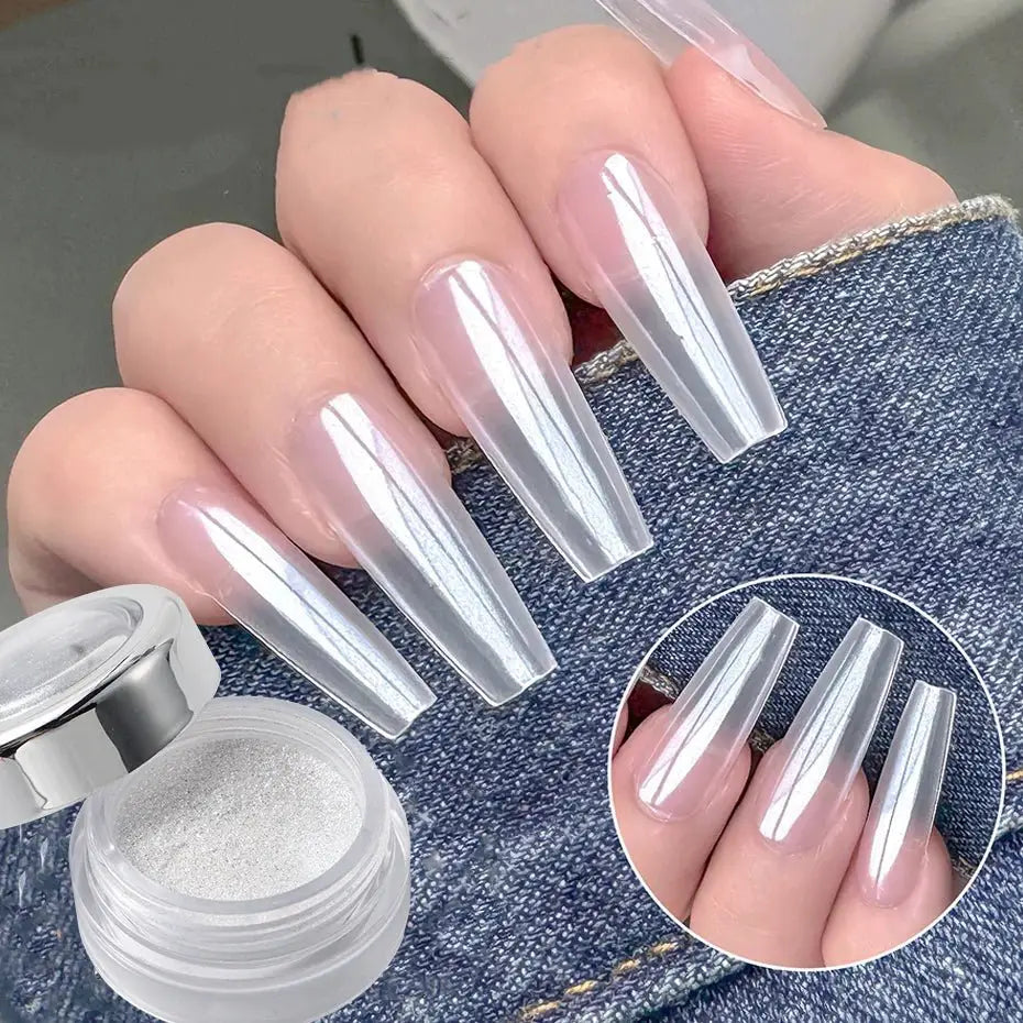 Pearl White Nails Glitter Dust Chrome Moonlight White Rubbing on Powder Silver Shell Mirror Pigment Nail Art Supplies Decoration - Simples Market