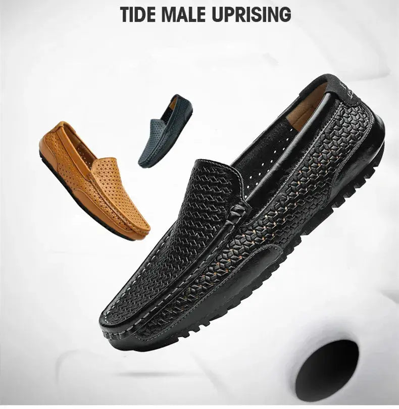 Men's woven leather loafers set of 3 in black, tan and blue; breathable slip-on driving moccasins by Simples Market