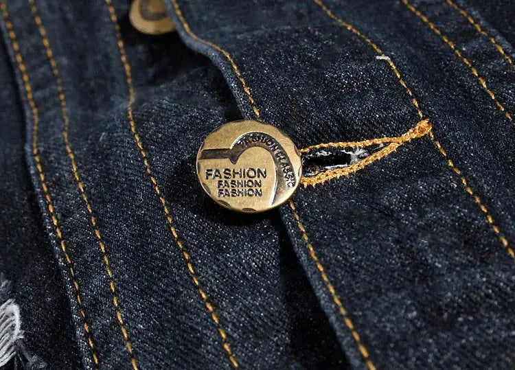 Men's denim sleeveless vest in dark blue with brass button detail
