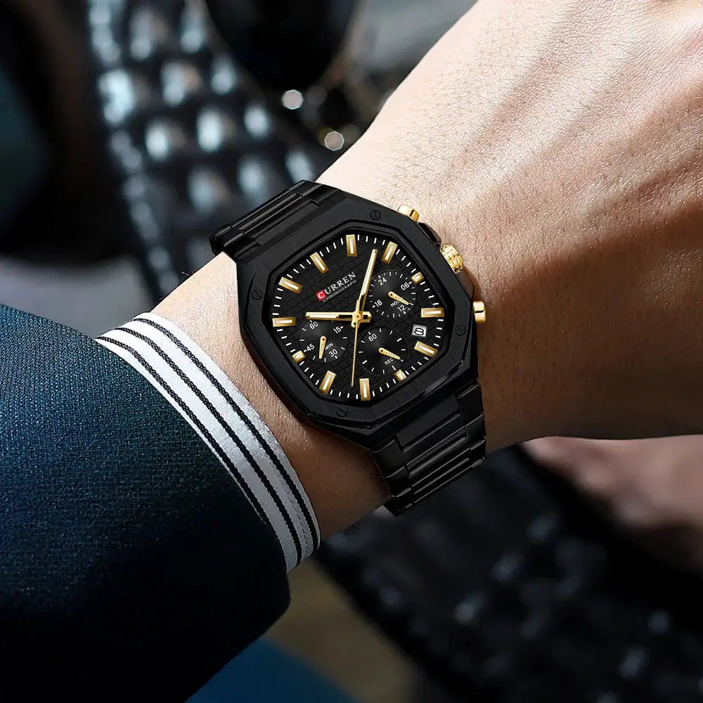 Curren square black stainless steel chronograph watch with gold accents and date display