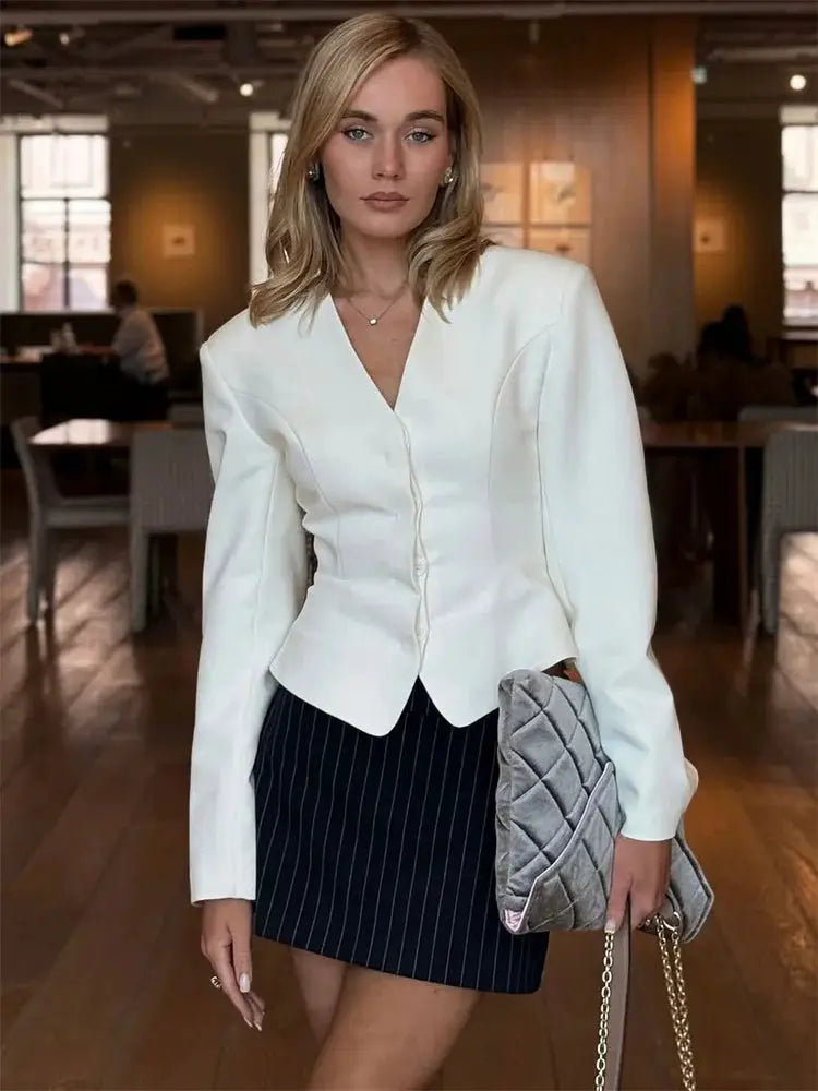 Tossy 3 Piece Luxurious Set With V Neck Blazer Striped Patchwork Mini Skirt For Office And Party Looks