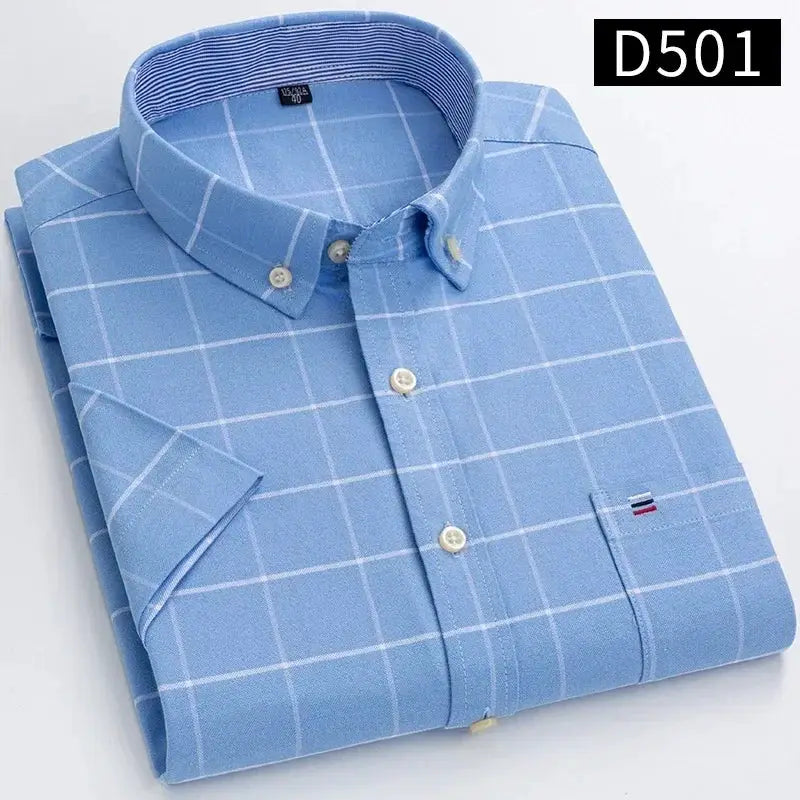 Simples Market men's light blue plaid oxford shirt, 100% cotton, short sleeve, breathable, regular fit