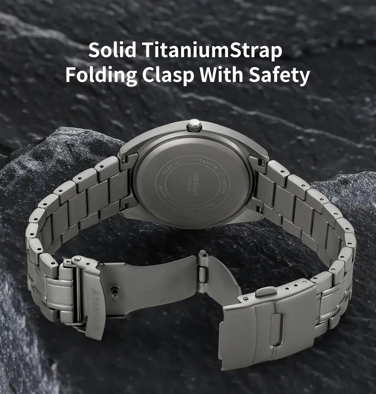 BERNY titanium watch for men with solid titanium strap and folding safety clasp