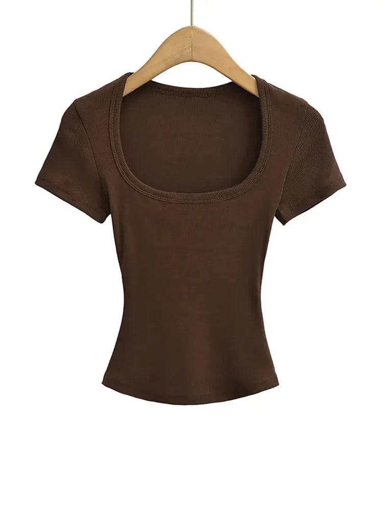 Womens Slim Fit Square Collar Crop Top High Stretch Short Sleeve Pullover Summer Blouse T Shirt For Layering