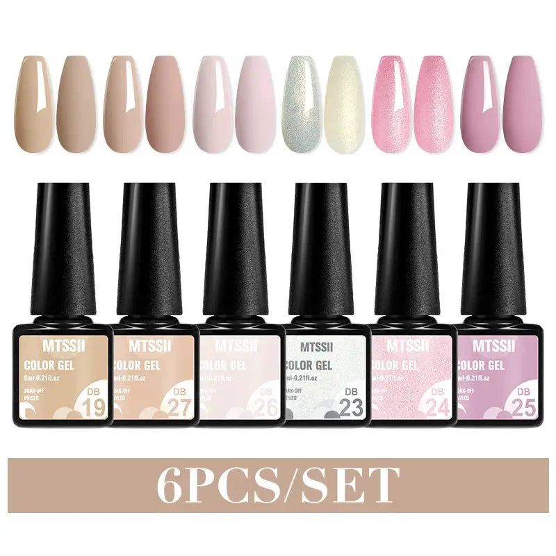 6-piece gel nail polish set by Simples Market MTSSII in nude to pink glitter shades.