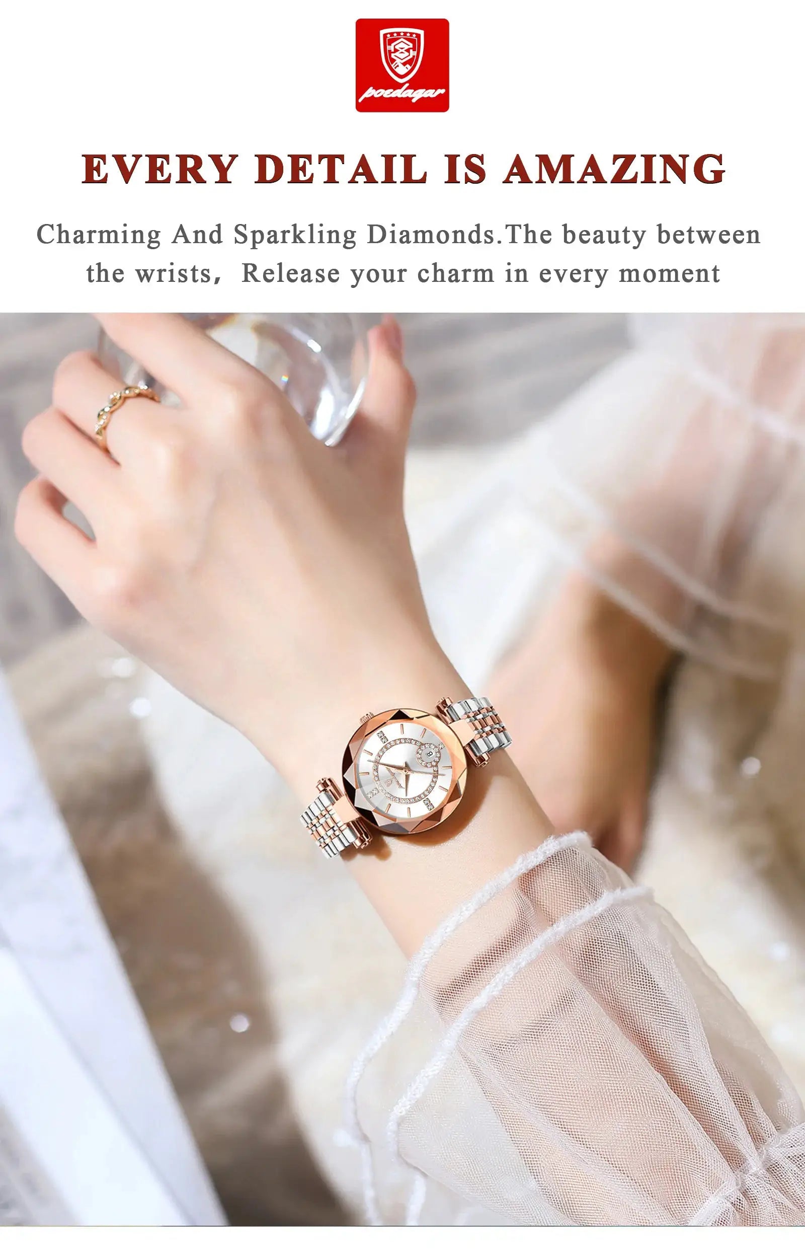 POEDAGAR women's rose-gold stainless steel wristwatch with crystal bezel and two-tone bracelet