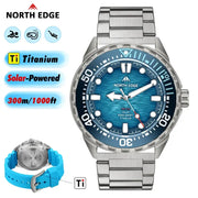 North Edge Triton-TI titanium diving watch with blue dial and steel bracelet, 300m water resistant, solar-powered