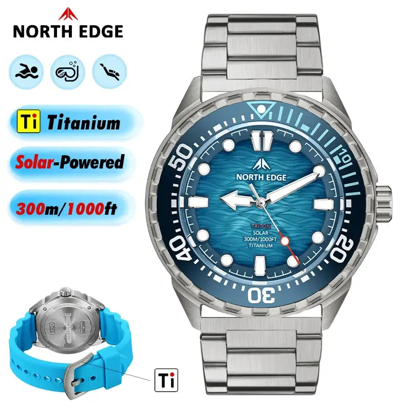 North Edge Triton-TI titanium diving watch with blue dial and steel bracelet, 300m water resistant, solar-powered