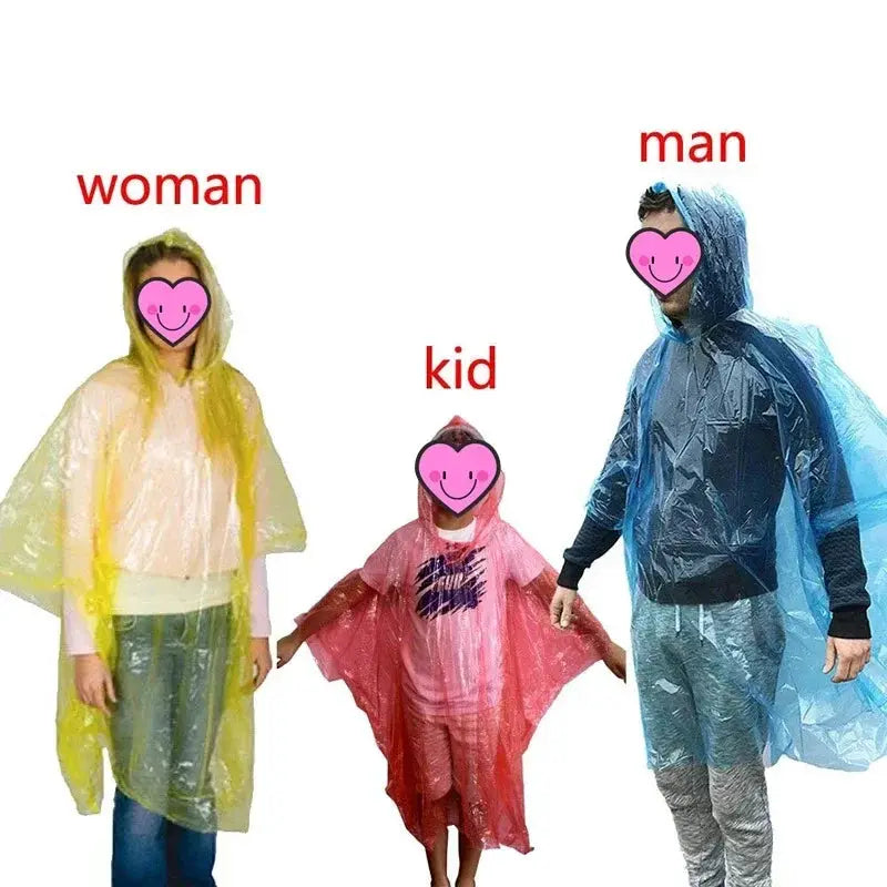 Portable disposable rain ponchos in yellow, pink, and blue for woman, kid, and man.