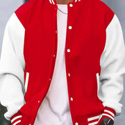 Simples Market varsity baseball jacket, red body with white sleeves, snap buttons, striped cuffs