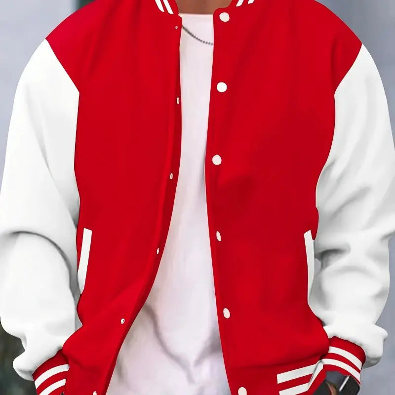 Simples Market varsity baseball jacket, red body with white sleeves, snap buttons, striped cuffs