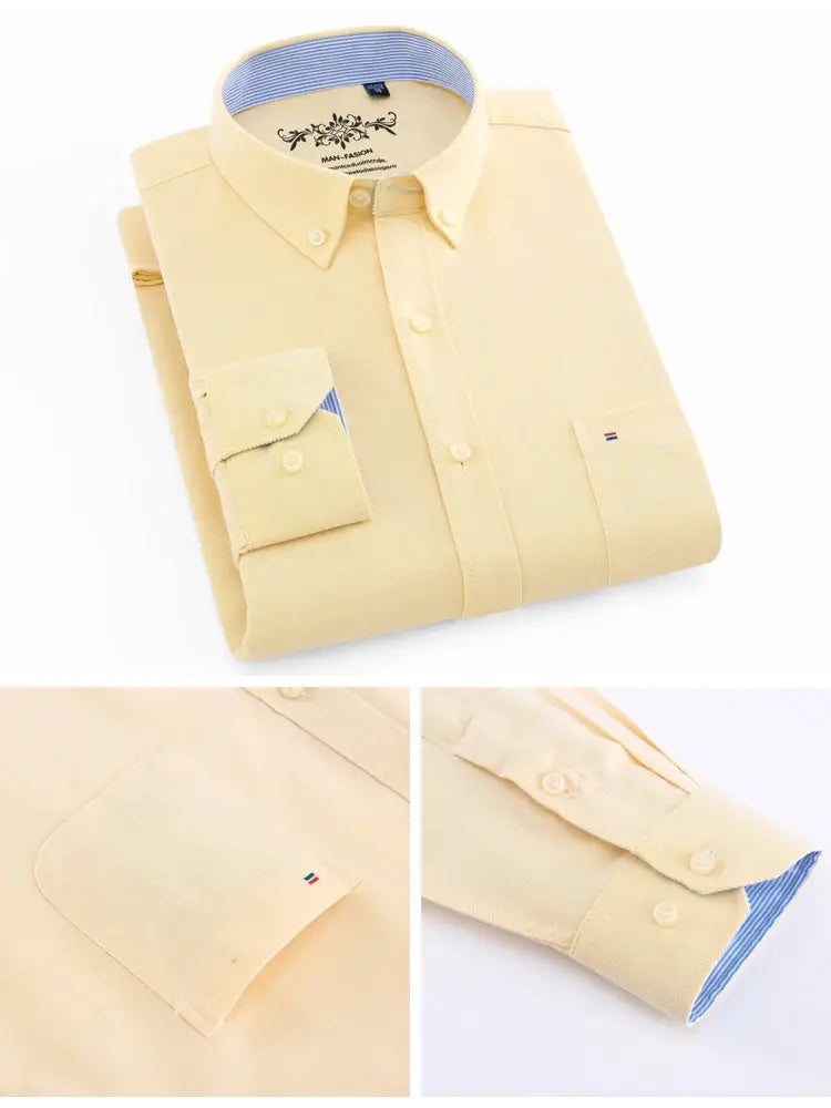 Men's light yellow Oxford button-down shirt, regular-fit with single patch pocket and blue striped collar, Simples Market