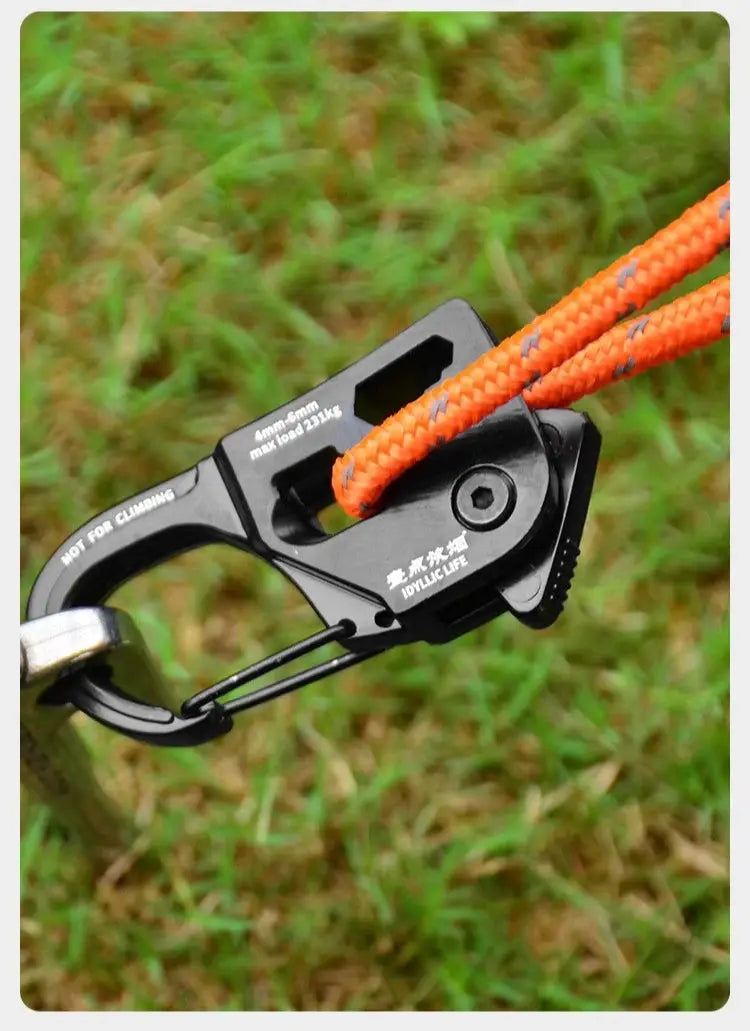 Aluminum alloy tent rope tensioner with self-lock, anti-slip tightener for 2–10mm cords; black device with orange rope