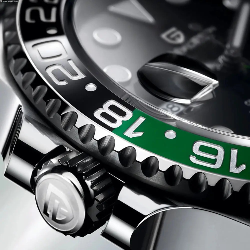 Pagani Design V3 GMT watch by Simples Market, stainless steel case with green bezel and prominent crown