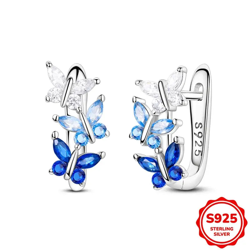 925 Sterling Silver Blue Zircon Butterfly Hoop Earrings for Women Fine Jewelry Gift
