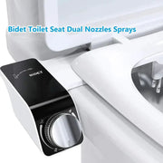 Bidet toilet seat attachment with dual nozzles, manual control, white with black control panel.