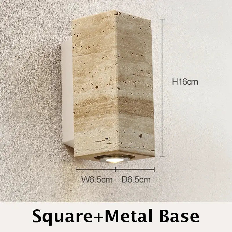 Wabi Sabi yellow travertine marble wall lamp with square metal base by Simples Market LED sconce