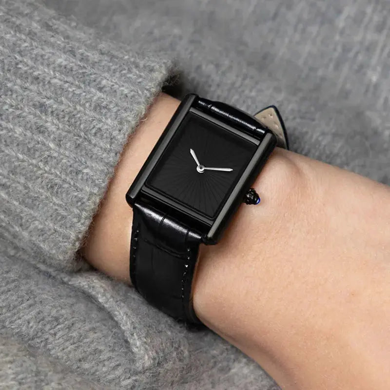 New Classic Square Watch with black leather strap and black dial