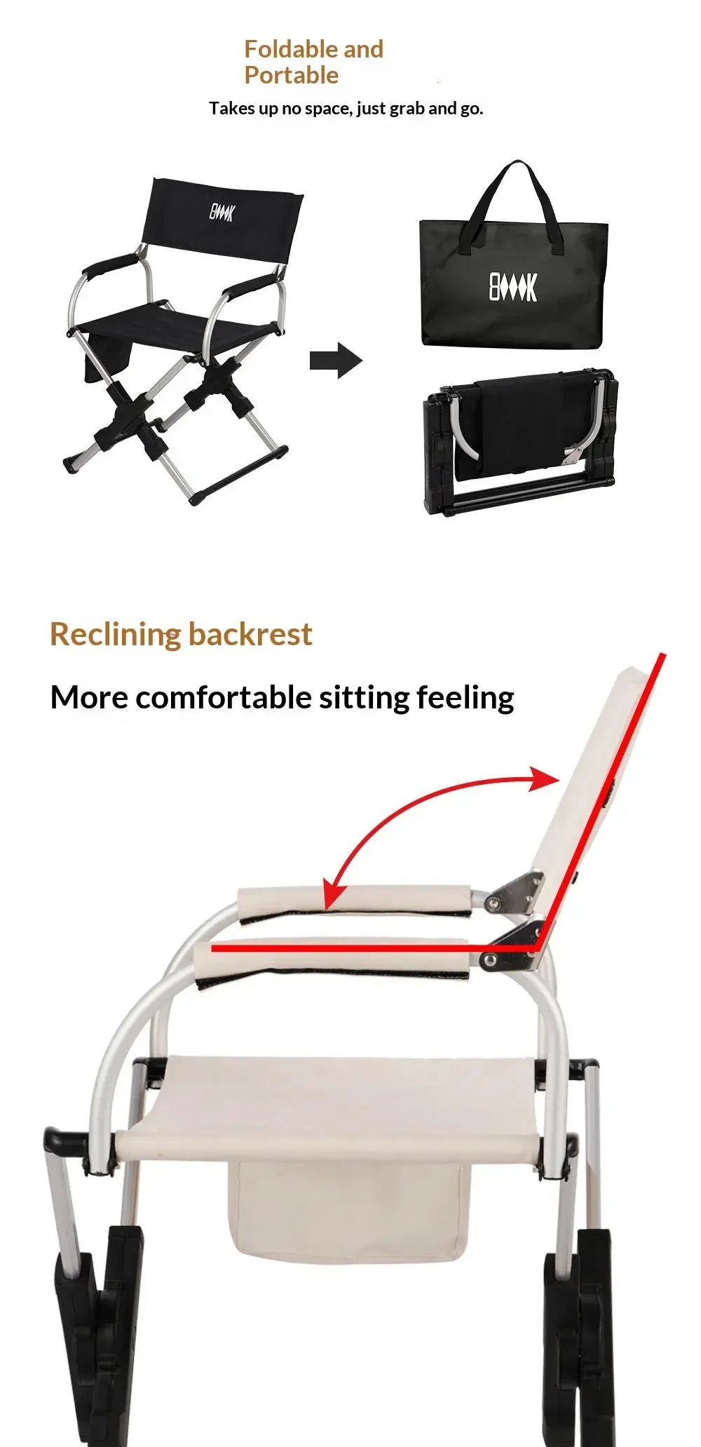 Simples Market outdoor foldable director chair with aluminum alloy frame and black fabric; folds compact into carry bag.