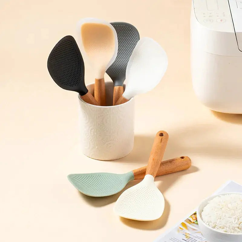Wooden Handle Silicone Rice Spoon For Rice Cooker Heat Resistant Nonstick Kitchen Utensil