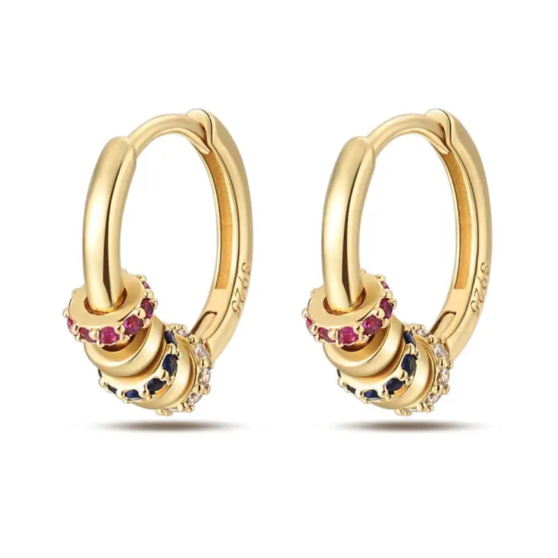 Pair of gold hoop earrings with multicolor gemstone accents by Simples Market.