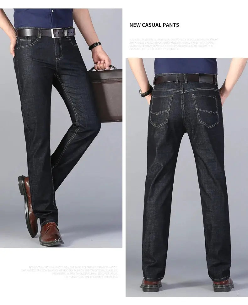 Men's jeans in dark denim by Simples Market; straight-leg cotton casual pants, front and back views