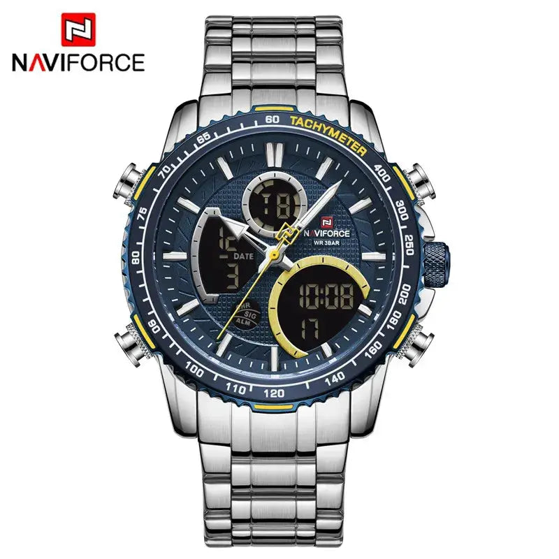 NAVIFORCE men's stainless steel watch with blue dial, chronograph, tachymeter bezel