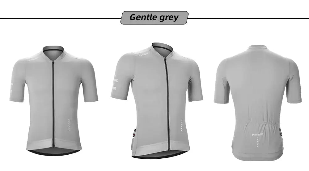 DAREVIE men's cycling jersey in gentle grey; breathable quick-dry fabric, full-zip front, three-view display