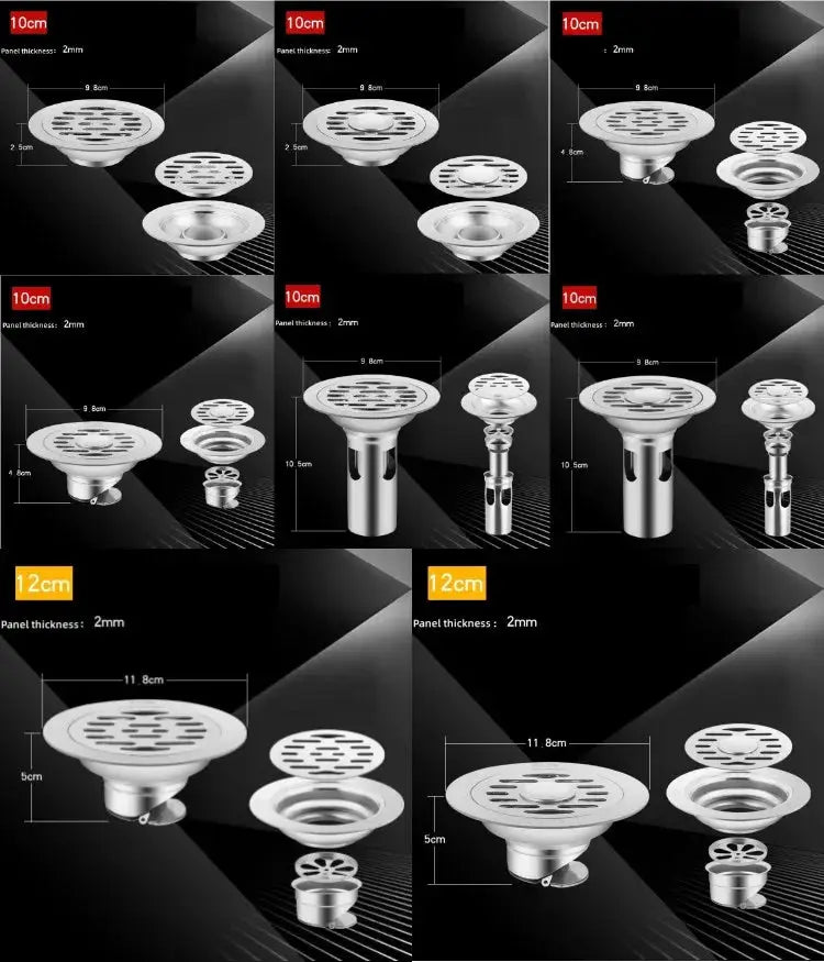 Stainless steel floor drain set with hair catcher and anti-odor seal; multiple 10–12 cm shower drains, Simples Market.